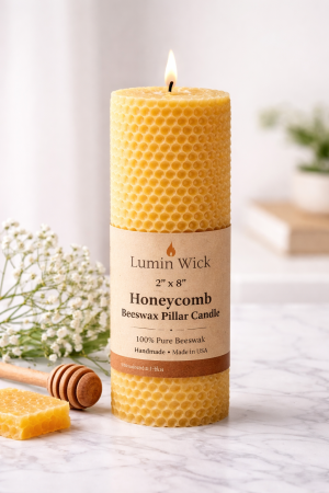 2 x 8 honeycomb beeswax pillar candle made from 100 percent pure beeswax