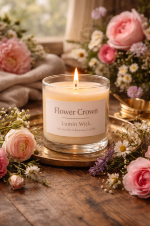 Flower Crown Candle by Lumin Wick – Handcrafted Beeswax Candle with Floral Fragrance in Elegant Glass Jar Surrounded by Fresh Roses and Wildflowers