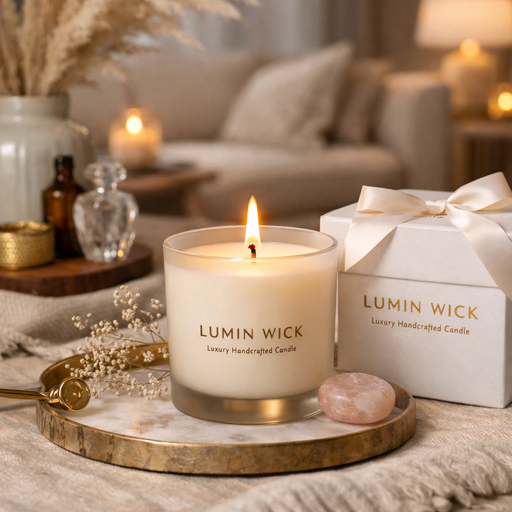 Luxury handcrafted scented candle by Lumin Wick in an elegant home setting